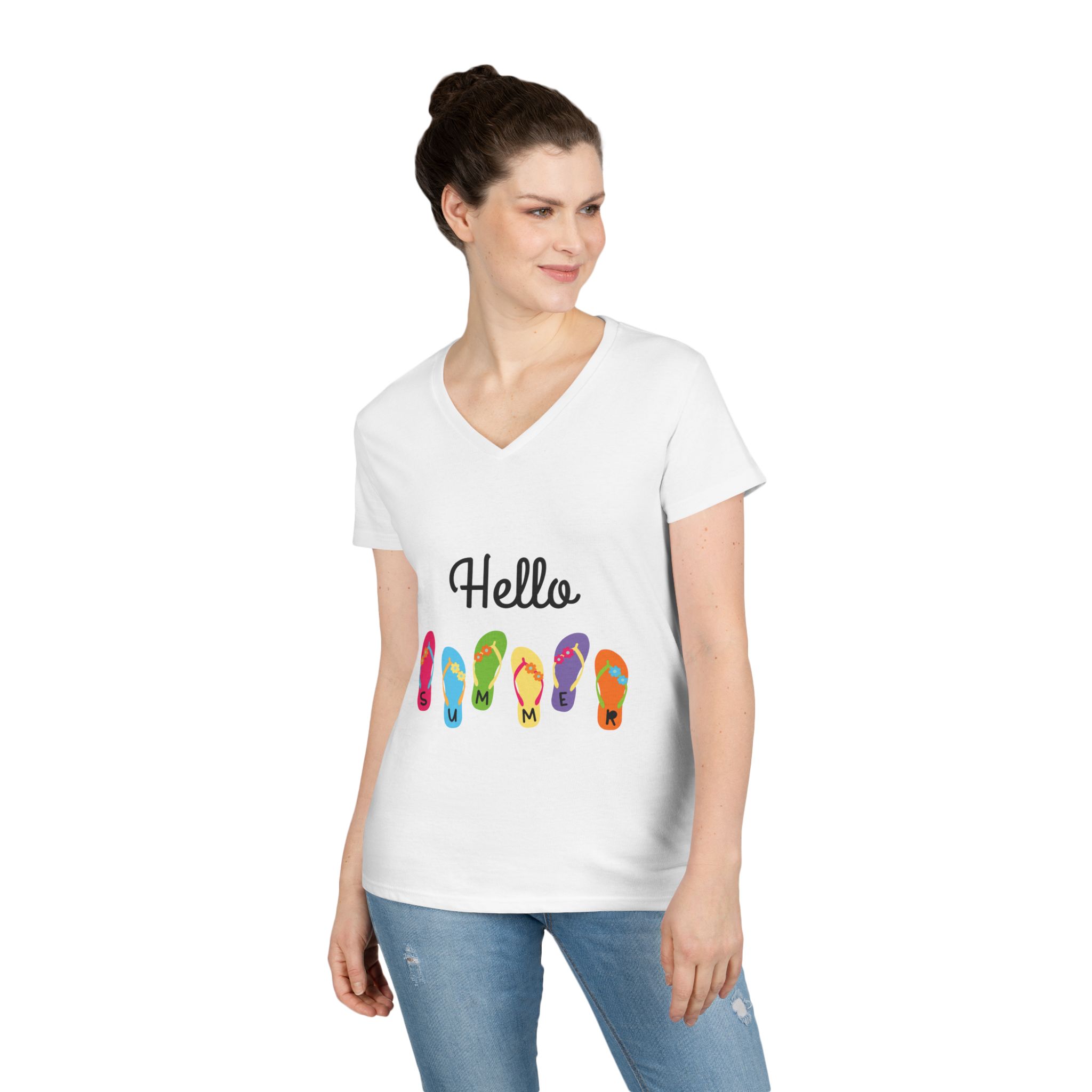 Hello Summer Flip Flop V-Neck T-Shirt, Summer Shirt, Vacation Tee, Beachwear, Casual Summer Outfit - Image 3