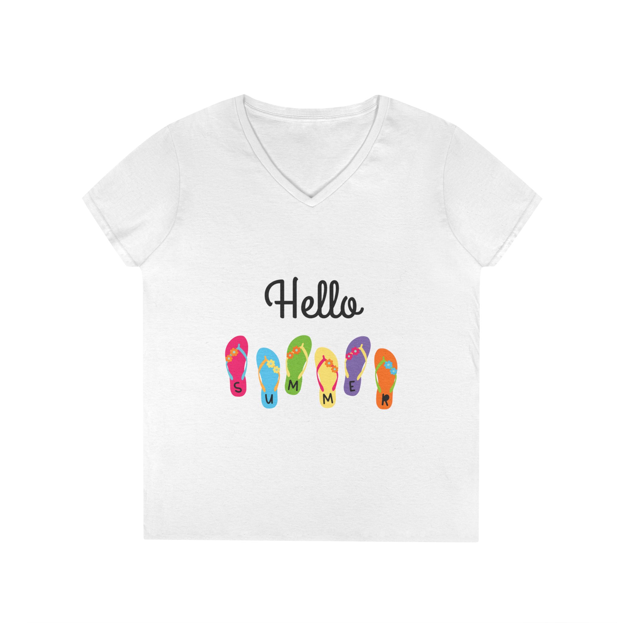 Hello Summer Flip Flop V-Neck T-Shirt, Summer Shirt, Vacation Tee, Beachwear, Casual Summer Outfit